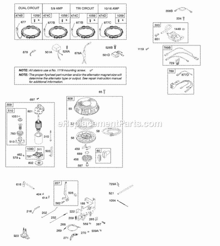 Alternator Controls Electric Starter Governor Spring Ignition Diagram and Parts List for 31C707-3005-G5  Briggs and Stratton Engine